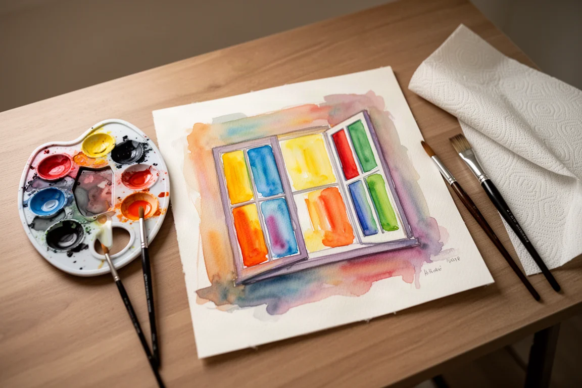 Small watercolor painting of bright window shapes in progress on a desk