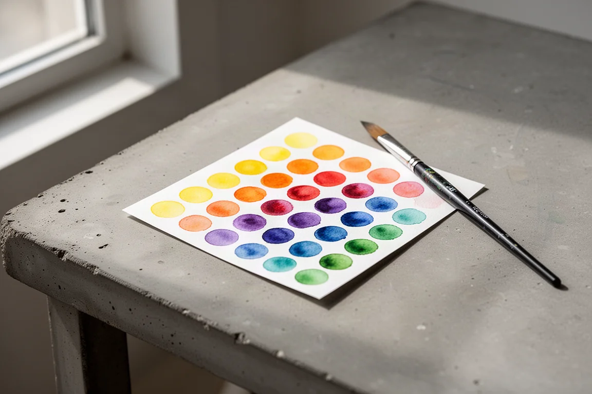 Watercolor dot card with vibrant paint dots and a brush on a desk