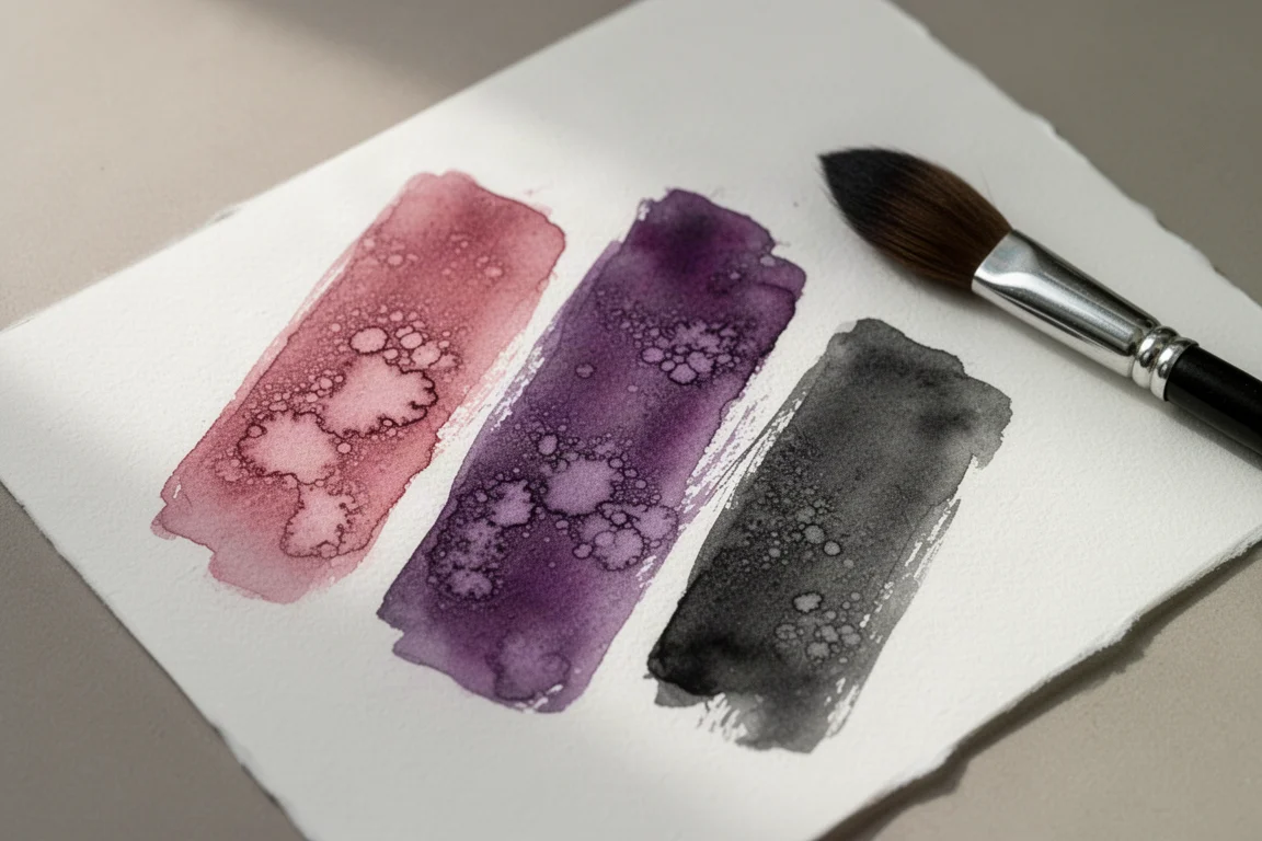 Échantillons d'aquarelle à texture granulée marbrée séchant sur papier blanc