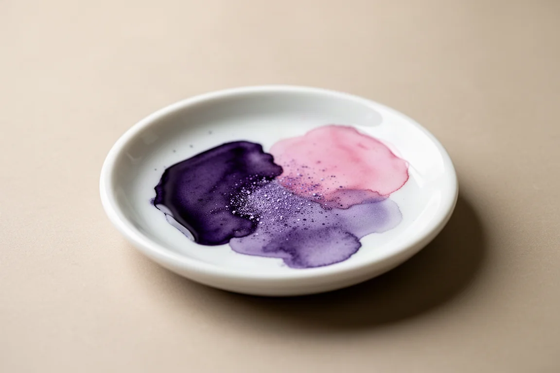 Deux godets d'aquarelle mélangés sur une palette produisant un ton violacé doux