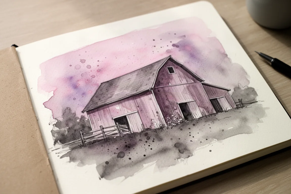 Croquis aquarelle d'une grange rurale avec lavis granulés et traits d'encre