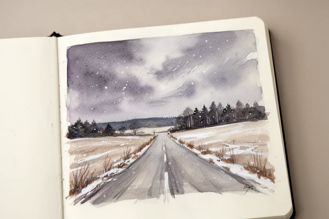 Paysage hivernal aquarelle rapide avec un ciel granuleux et venteux
