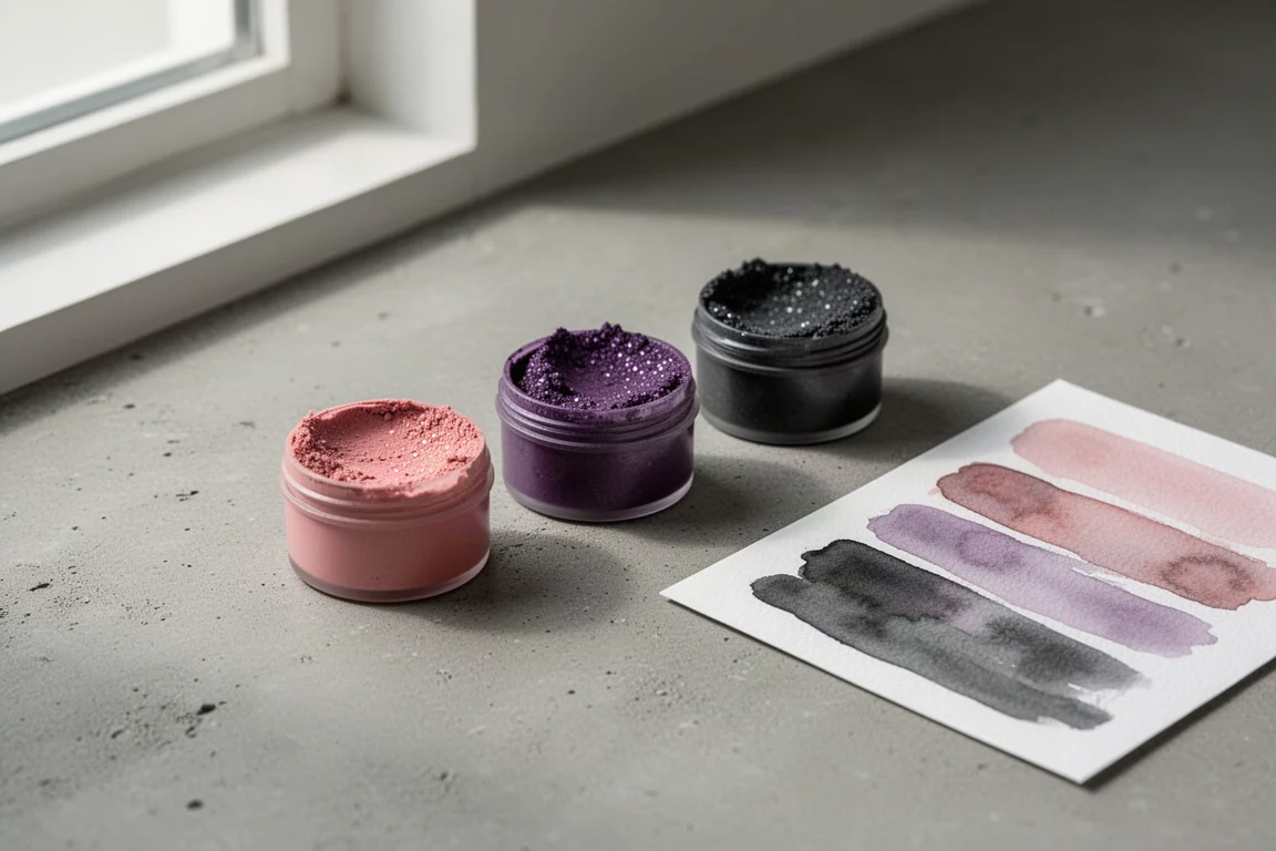 Three Schmincke Super Granulating watercolor pans with swatches on concrete surface