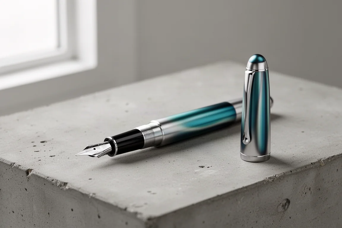 Teal and silver anodized aluminum fountain pen on a matte concrete surface