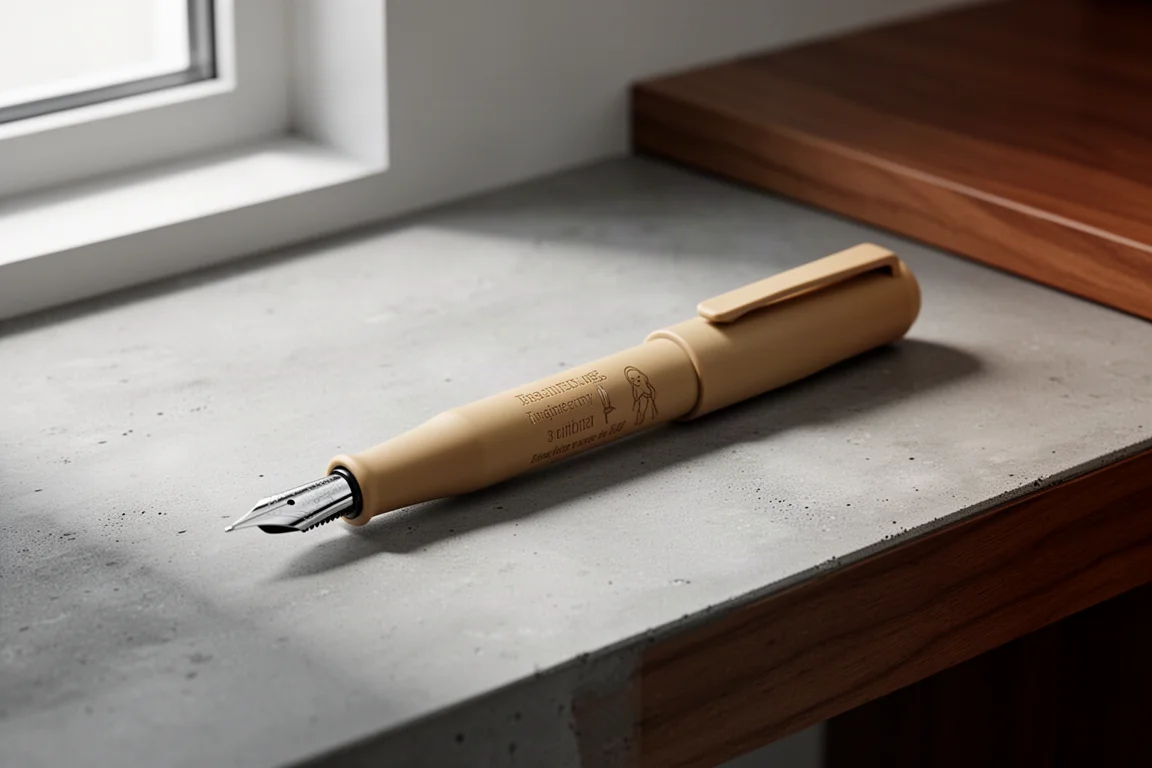 Tan PEEK fountain pen with rounded ends and engraved ghost detail on concrete surface