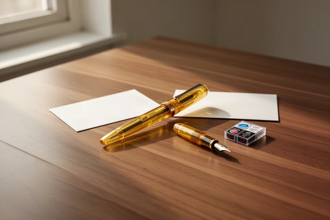 Penna stilografica tascabile ambrata traslucida appoggiata su una scrivania in legno accanto a una piccola card e a una confezione di cartucce d'inchiostro