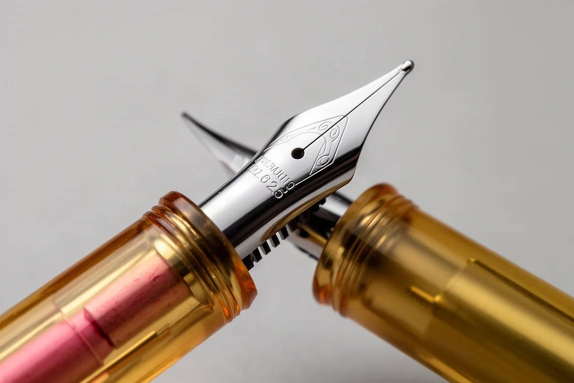 Primo piano del pennino in acciaio inox di una penna stilografica e della sezione traslucida con flusso d'inchiostro visibile