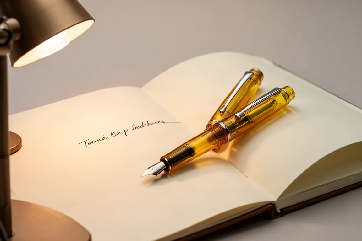Scrittura a mano di una breve nota con una penna stilografica tascabile traslucida su carta color crema