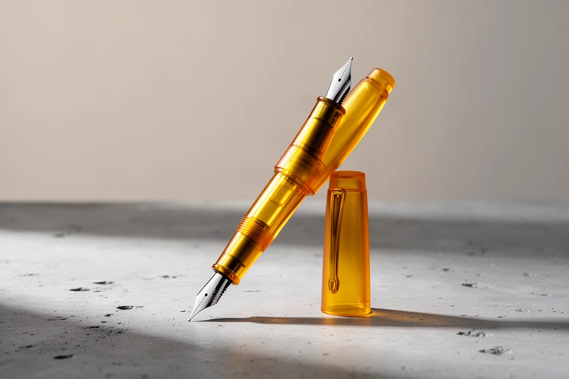 Translucent amber Ultem pocket fountain pen uncapped with steel nib on concrete