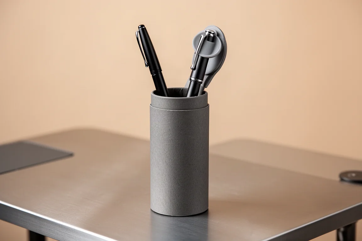 Black aluminum fountain pen sliding out of a cylindrical storage tube