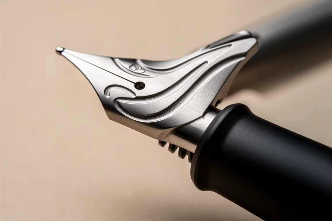 Close-up of a sculpted titanium fountain pen nib with engraved curves