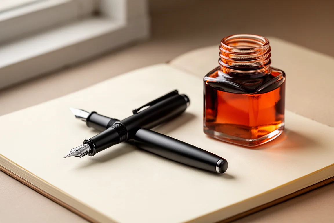Fountain pen resting on a notebook beside an open bottle of orange ink