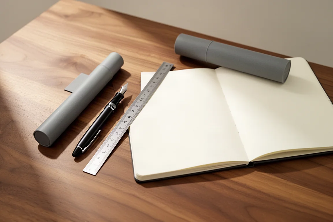 Fountain pen and pen case on a desk beside a ruler and notebook