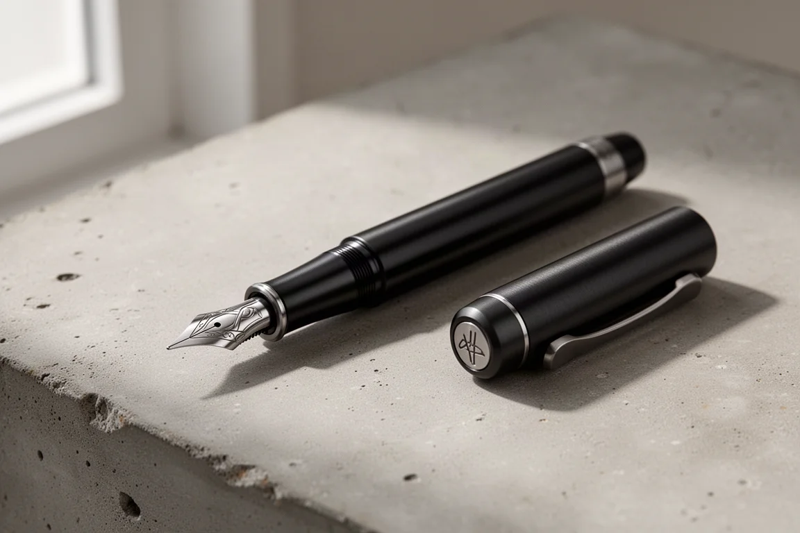 Black aluminum fountain pen with sculpted titanium nib and cap on concrete surface