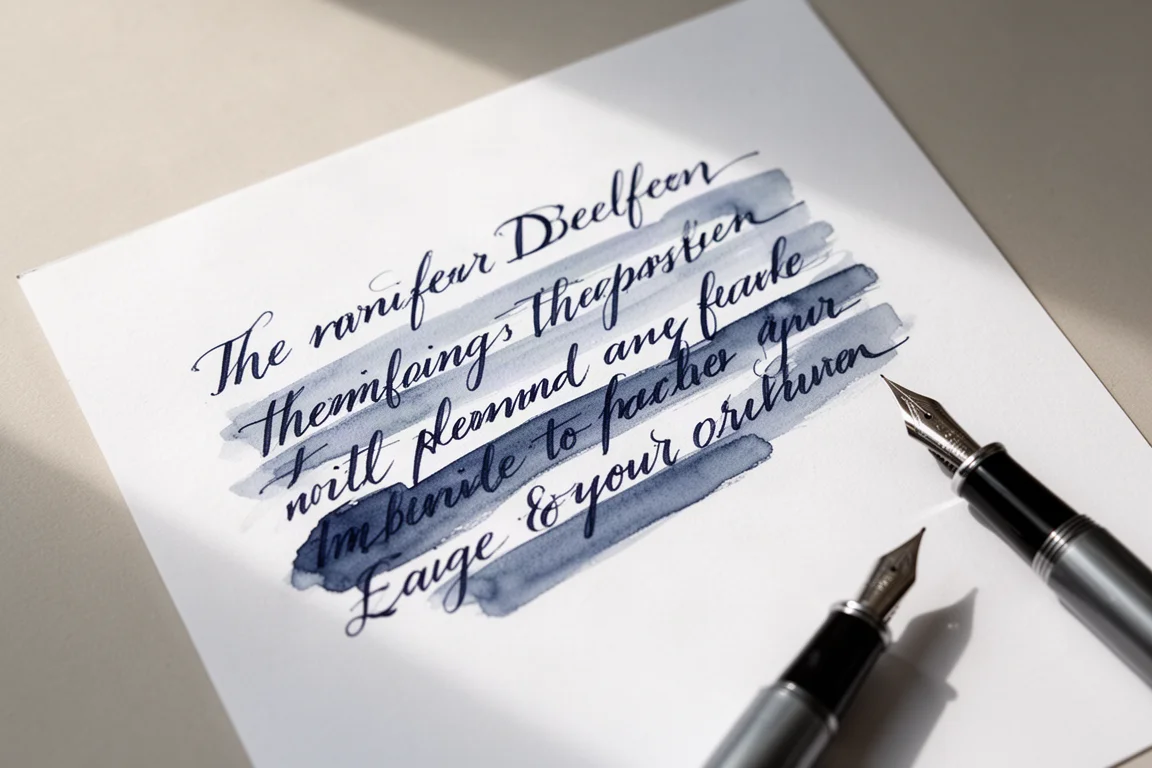 Esempio di scrittura a mano con inchiostro blu scuro su carta bianca