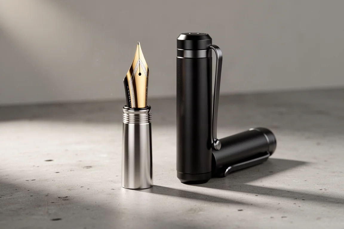 Polished titanium nib next to a compact black aluminum pocket fountain pen on concrete