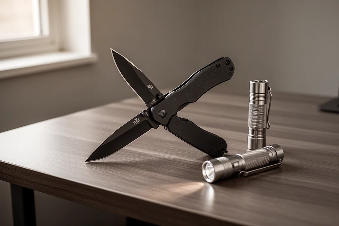 A folding knife partially open on a wooden desk next to a pocket flashlight