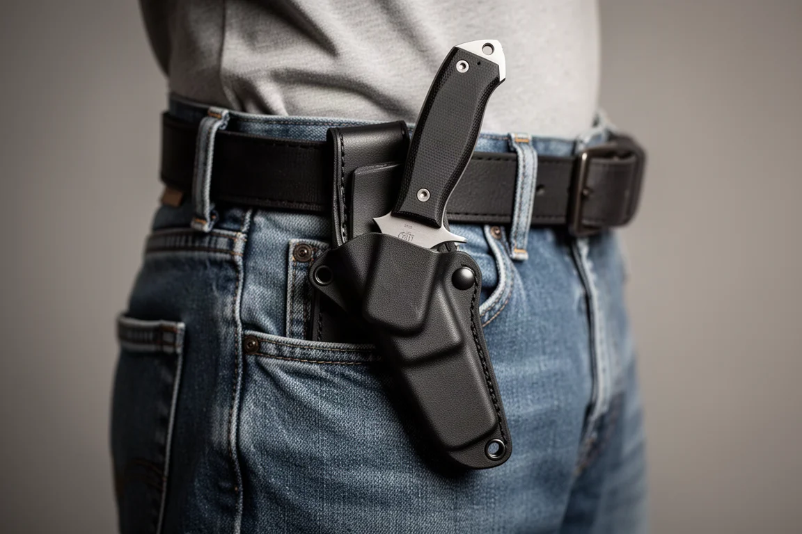 Fixed blade knife in a sheath attached to a belt at a pocket carry position