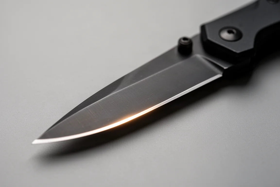 Hands-free close-up of a folding knife blade edge catching soft light
