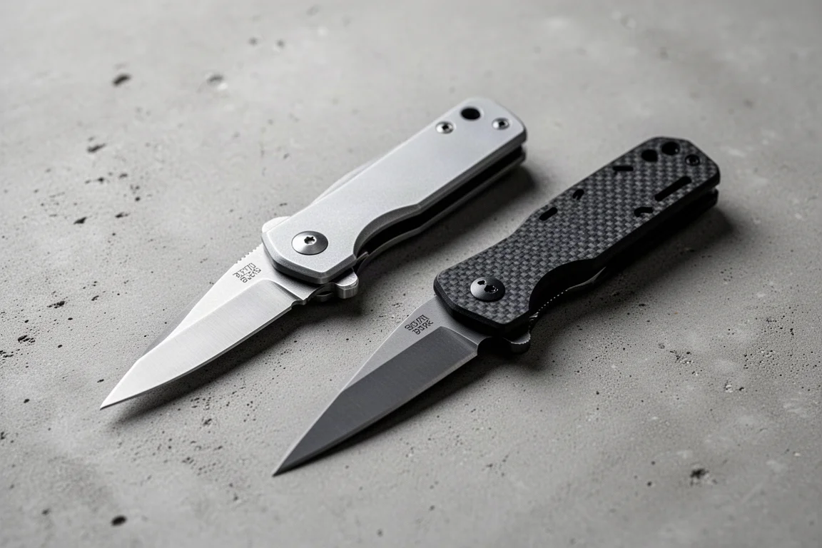 Two folding knives lying side by side on a concrete surface for comparison
