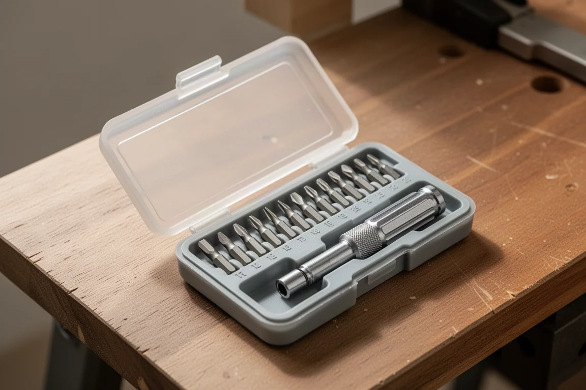 Open plastic bit case with screwdriver bits arranged in molded slots