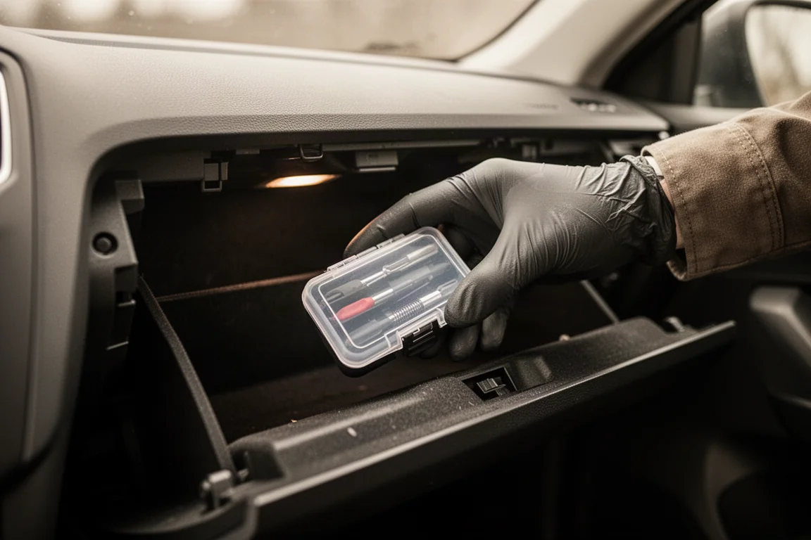 Open glovebox in a car with a compact tool case being placed inside