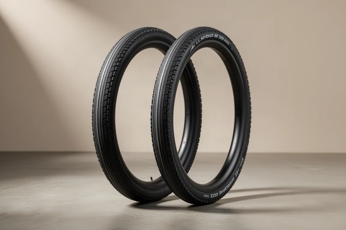 コンクリート面に並べられた、低いトレッドパターンのワイドなオールロード用自転車タイヤ2本