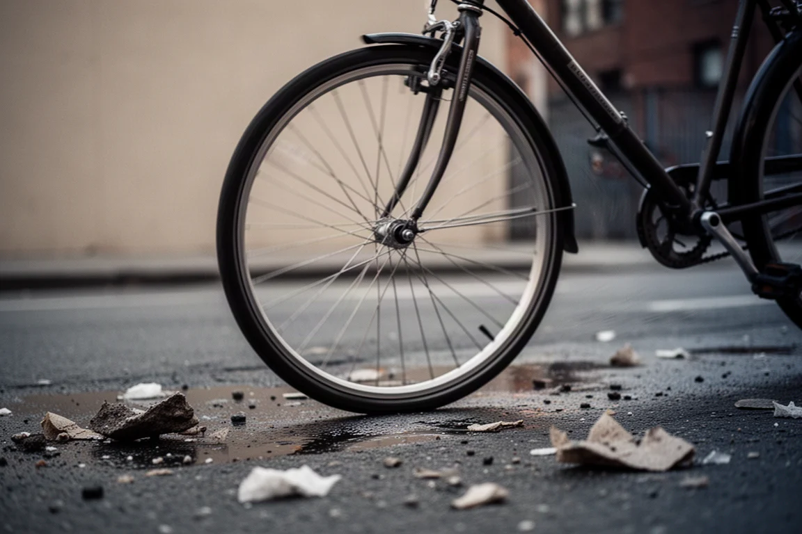 Koło roweru commuterowego toczące się po piaszczystej miejskiej ulicy o świcie