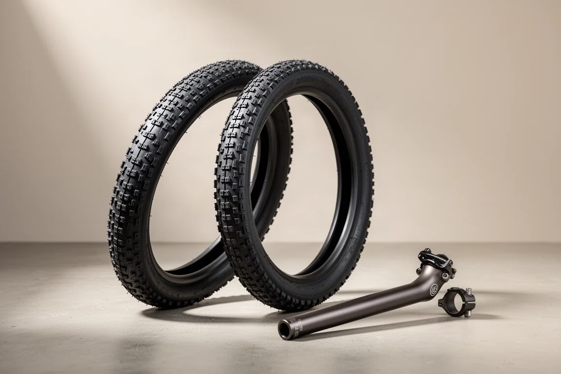 Puncture-resistant bicycle tires and a dark alloy seatpost arranged on a concrete surface