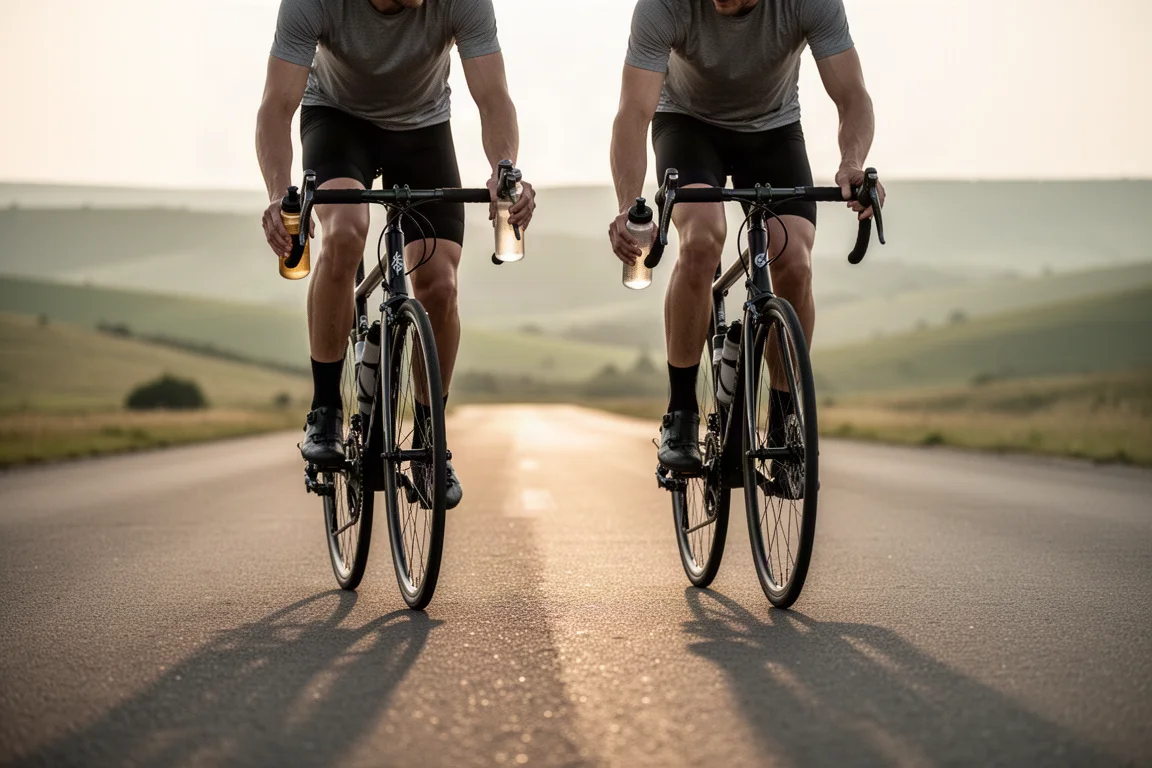 Due ciclisti che pedalano fianco a fianco su una strada aperta mentre bevono dalle borracce