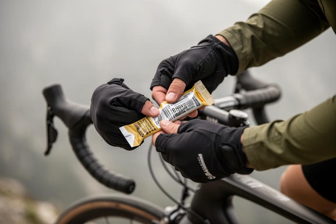 Ciclista che spreme un gel energetico mentre pedala su una salita ripida