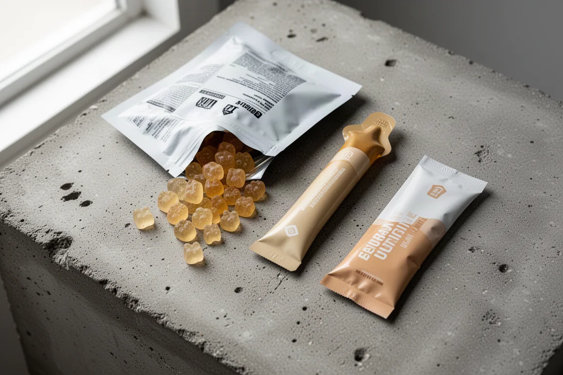 Flat-lay di bustine di nutrizione sportiva, gel e jelly chew su cemento