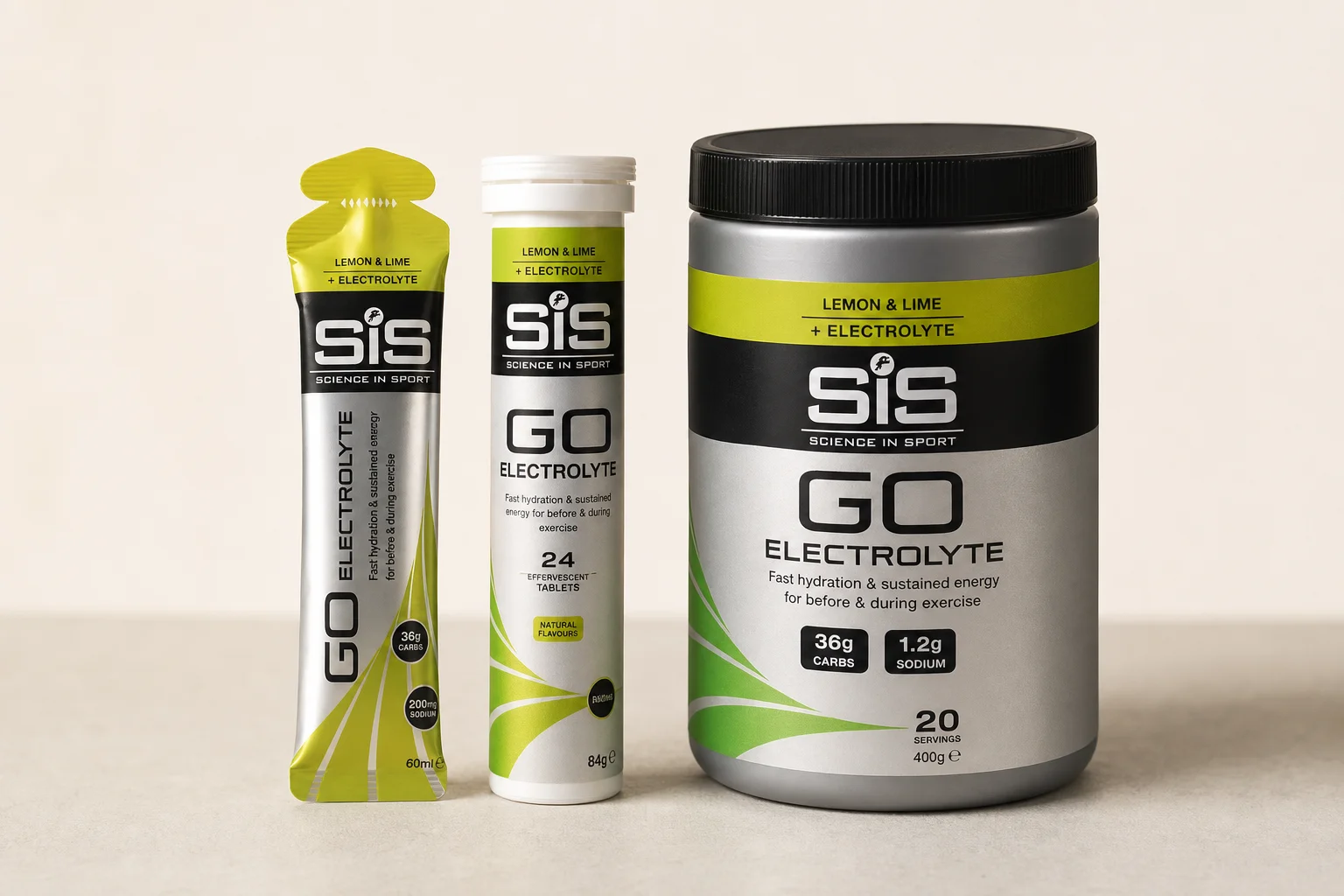 Collection of electrolyte products including powders, tablets, and tubs on concrete surface