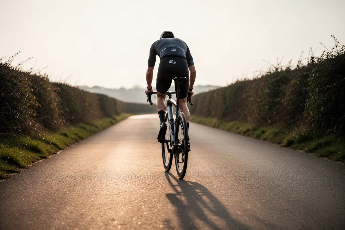 Road cyclist riding an aero carbon road bike on an empty tarmac lane at golden hour