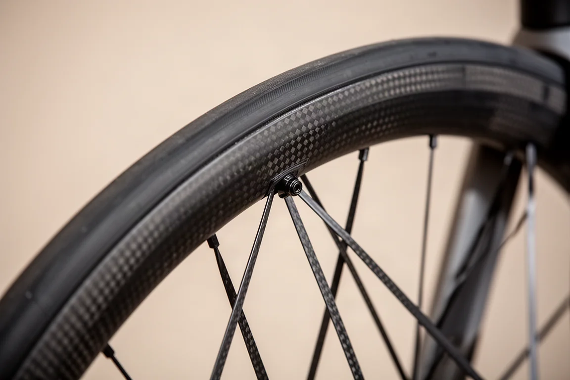 Close-up of a deep carbon rim profile and bladed spokes on a road bike