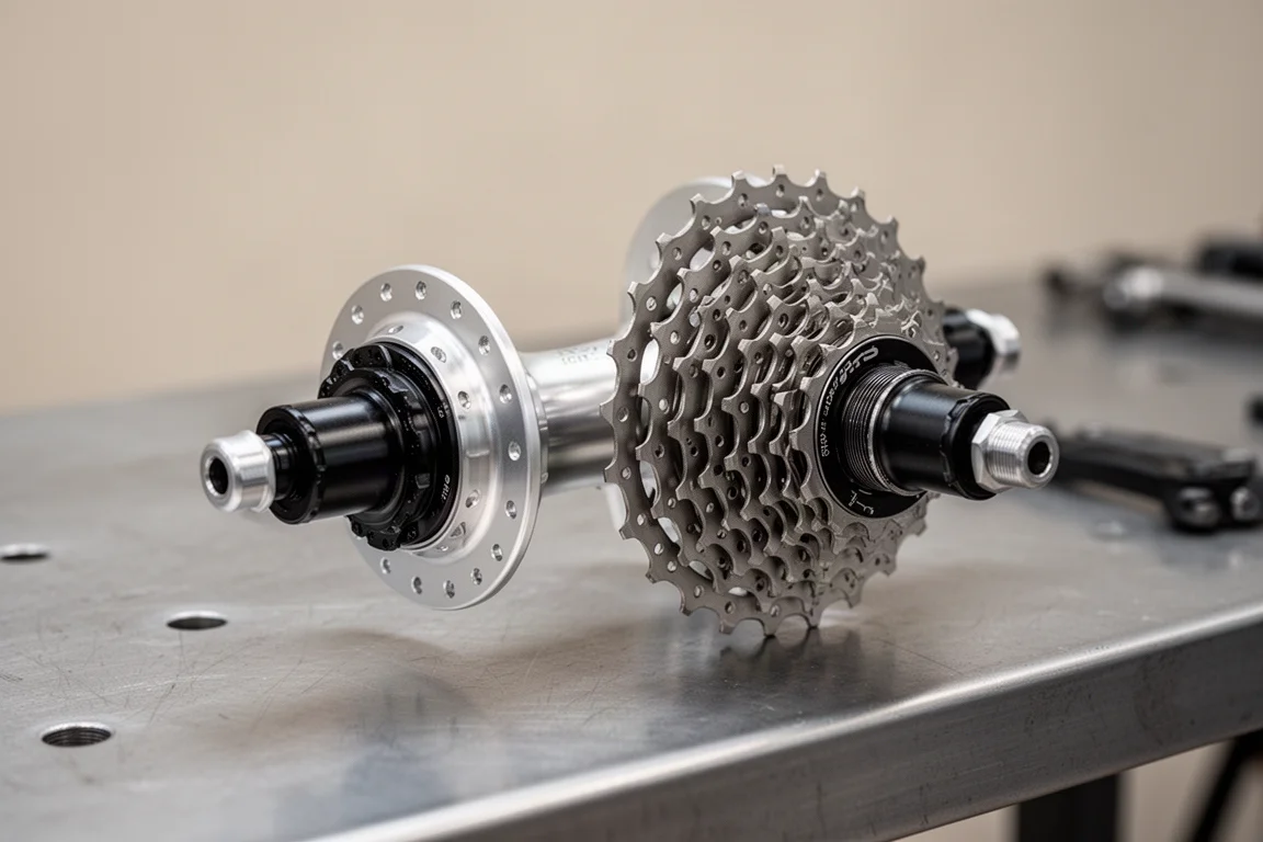 Road bike drivetrain and freehub detail photographed indoors in soft light