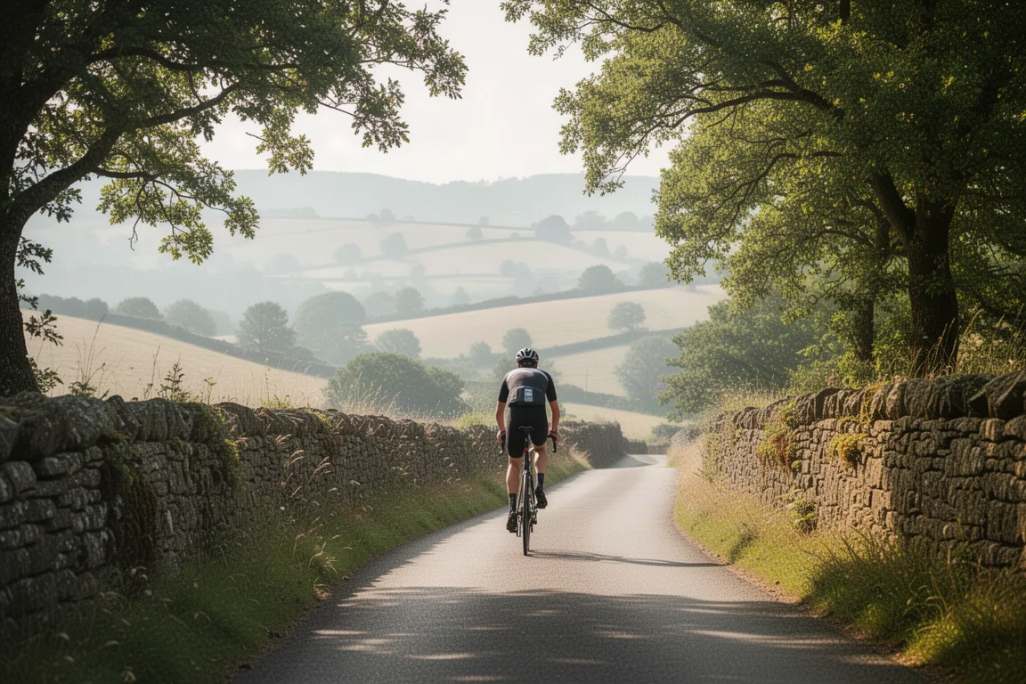 Cyclist climbing a steep rural road in summer light with hills behind