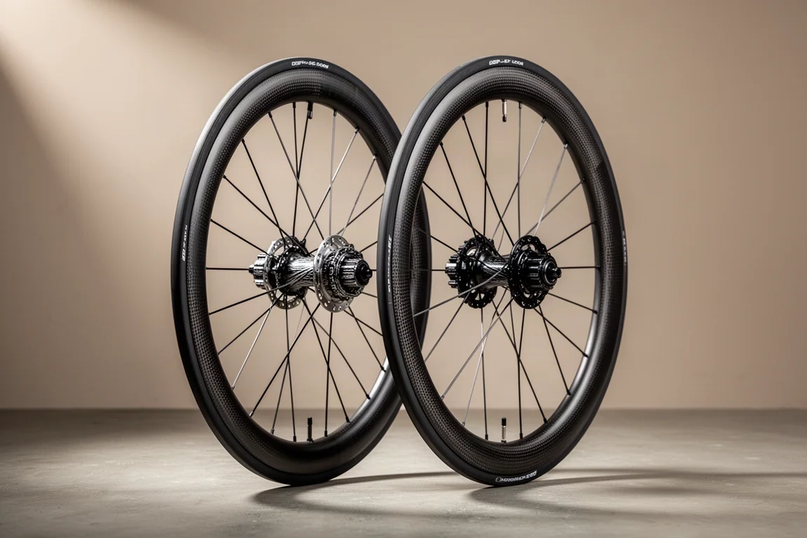 Deep-section carbon road wheels with bladed spokes and machined hubs on concrete