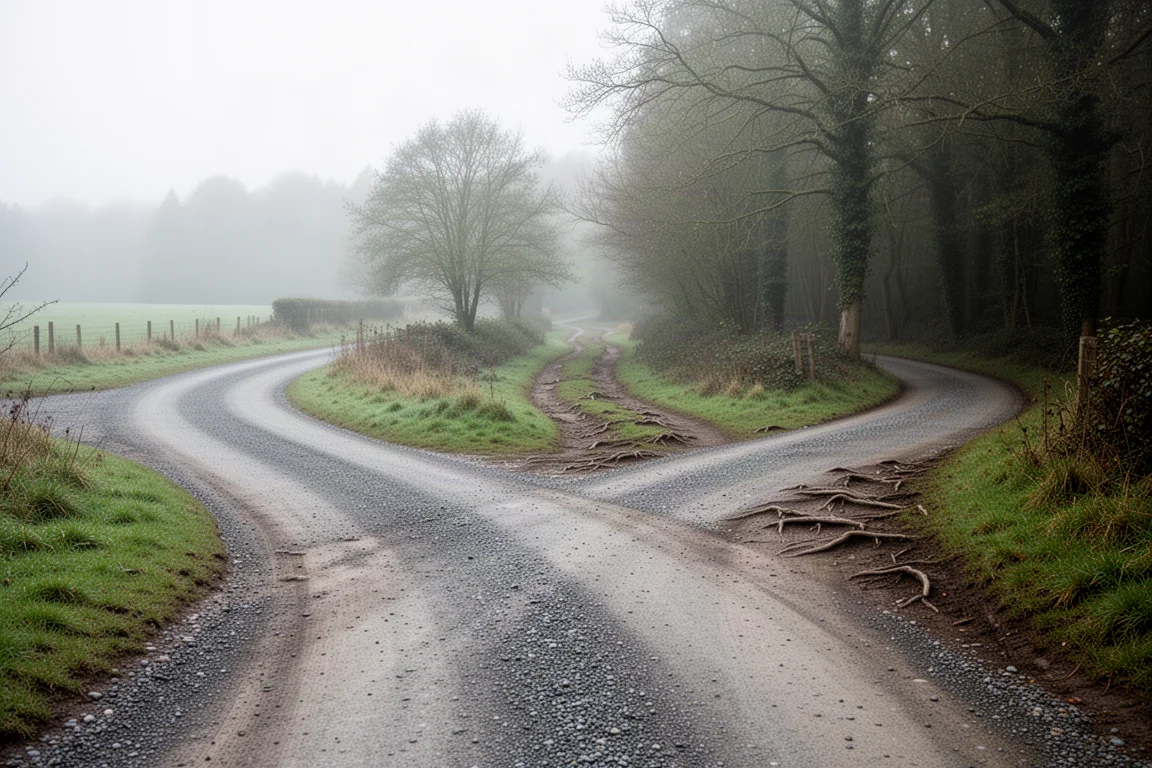 Gravel road transitioning from smooth tarmac to loose dirt and embedded rocks