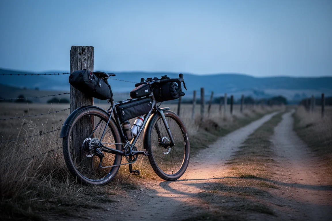 Bicicleta gravel carregada com bolsas de quadro apoiada em uma estrada de terra ao anoitecer