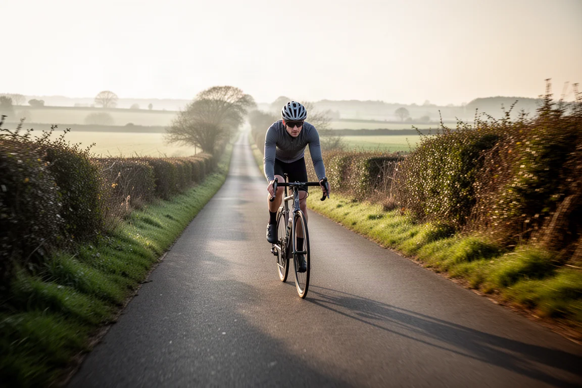 Road cyclist riding a drop-bar gravel bike on an empty countryside lane in soft morning light