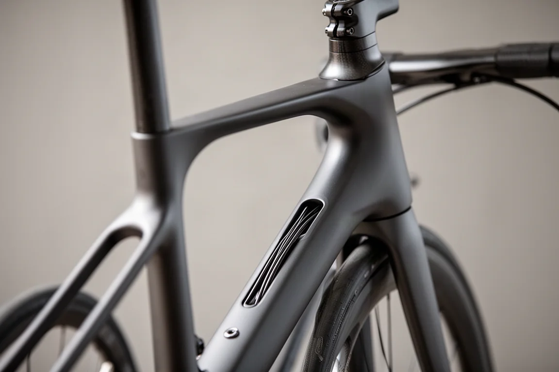 Close-up of a carbon bicycle frame and fork showing smooth tube junctions and clean cable routing