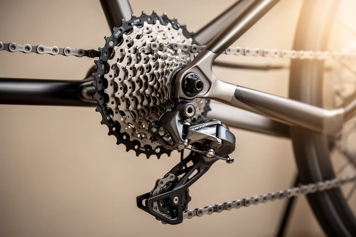 Rear cassette and derailleur detail on a bicycle drivetrain against a neutral backdrop