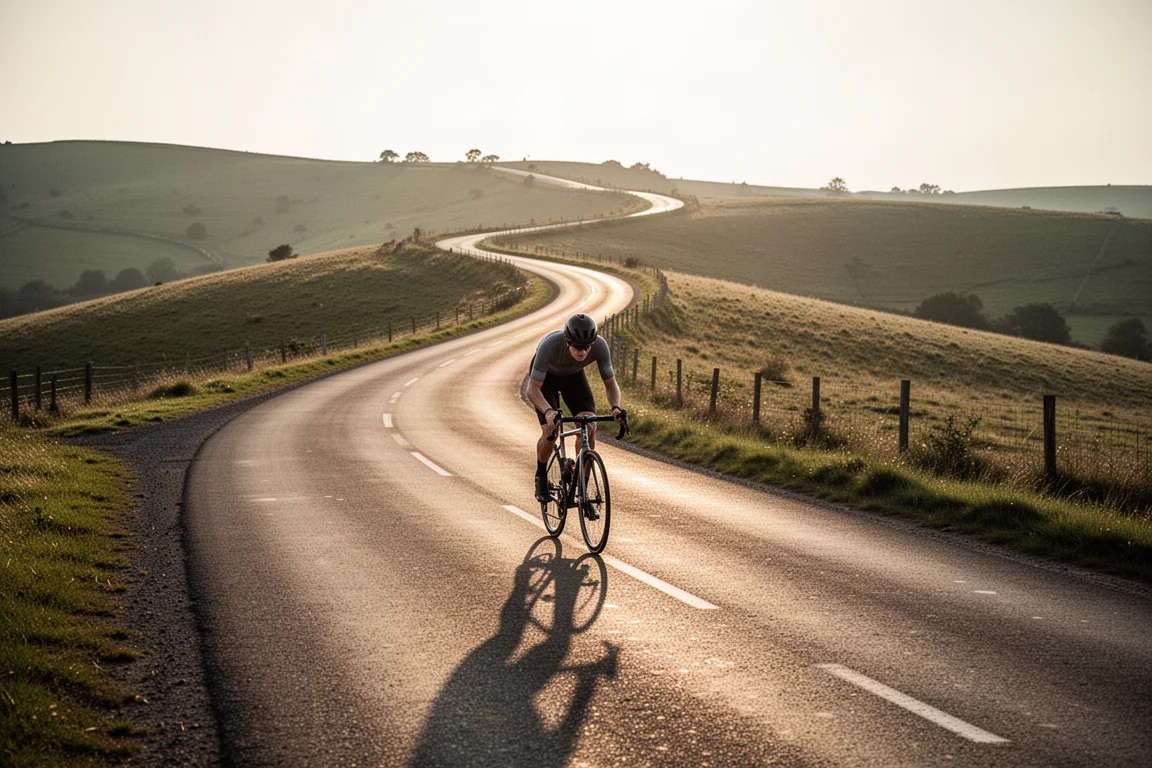 Cyclist climbing a steep rural road on a drop-bar bike at golden hour