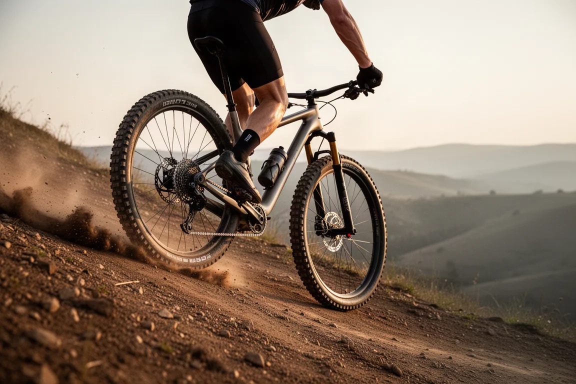 Ciclista gravel che sale su una ripida pista sterrata smossa con pneumatici larghi tassellati