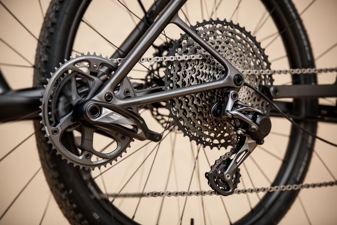 Primo piano della trasmissione di una bici gravel con corona singola e cassetta ad ampio range