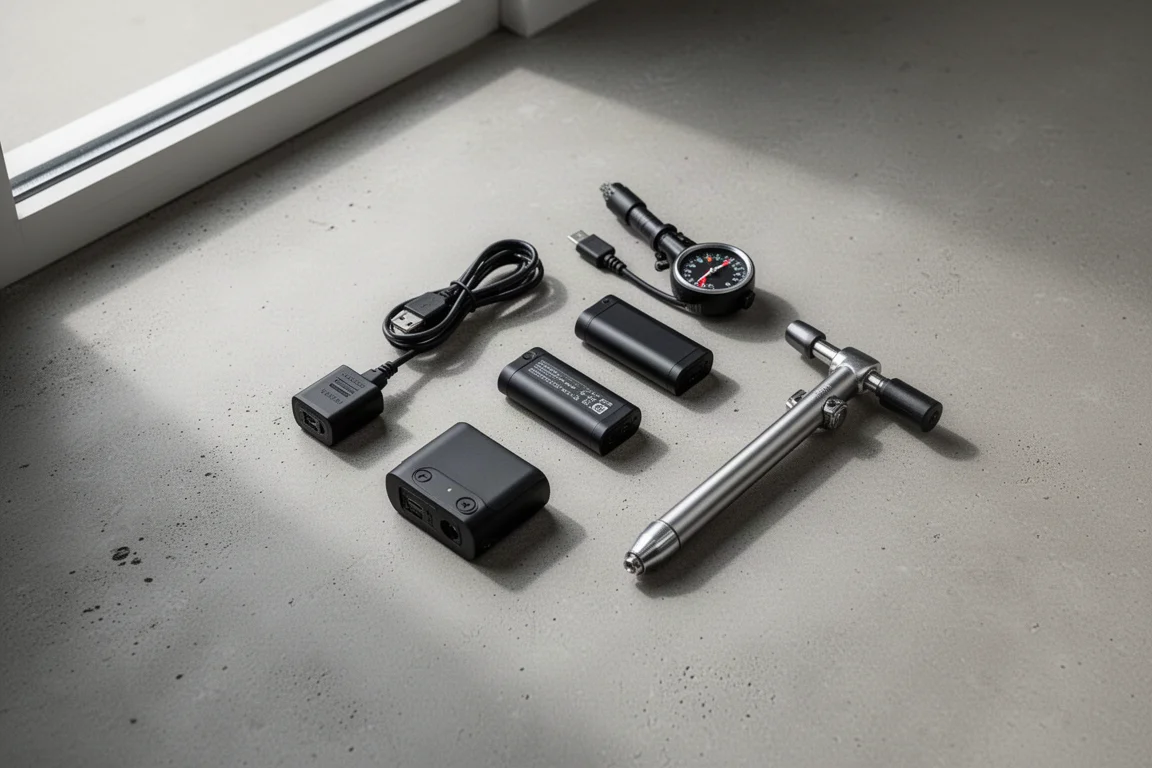 Vista dall'alto di piccole batterie per bici, un cavo di ricarica e un manometro per pneumatici