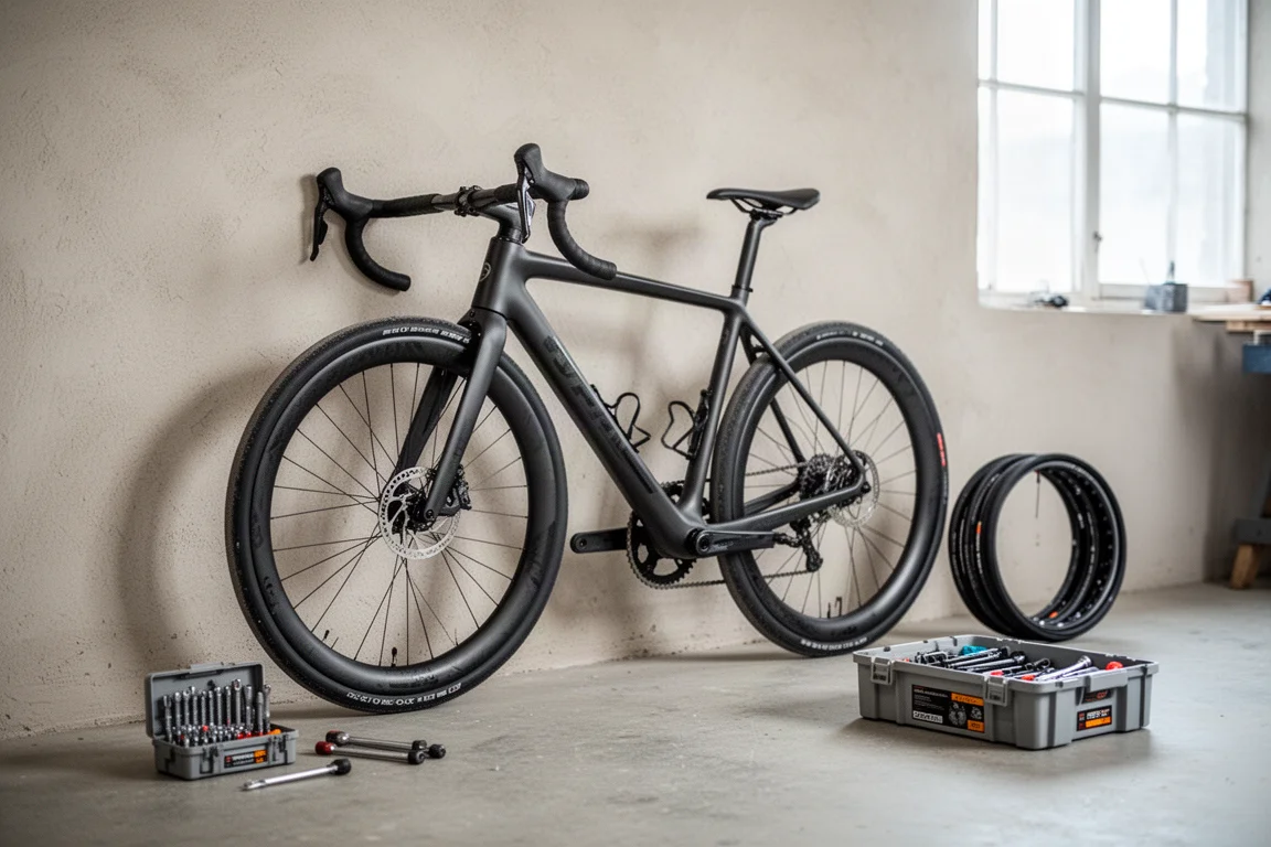 Bici gravel in carbonio appoggiata a una parete chiara in un luminoso laboratorio