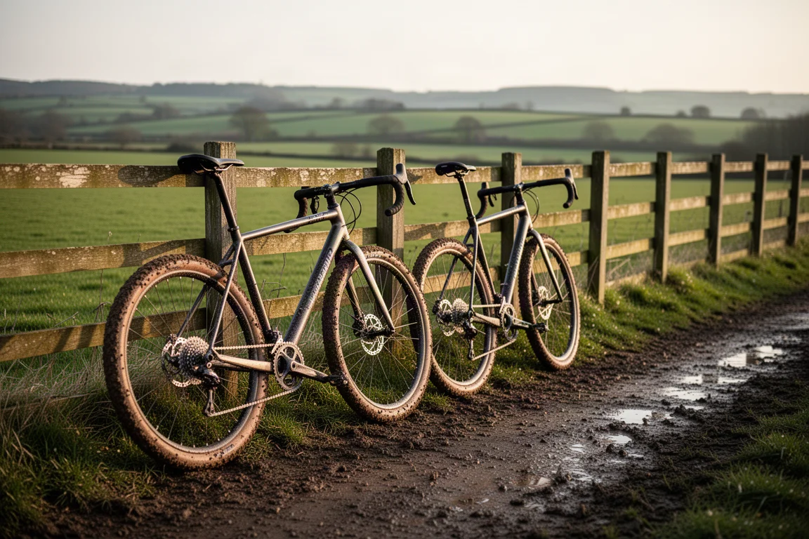 Two gravel bikes leaning against a stone wall beside a damp country lane