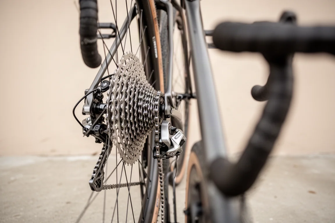 Close-up of a gravel bike hydraulic brake lever and single chainring drivetrain